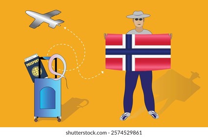 Illustration of a traveler holding the Norway flag with luggage and a passport, symbolizing adventure and patriotism, with an airplane flying overhead. Vector EPS Available for Scandinavia tour