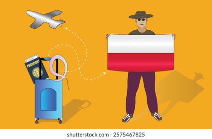 Illustration of a traveler holding the Poland flag with luggage and a passport, symbolizing adventure and patriotism, with an airplane flying overhead. Vector EPS Available for Polska tour