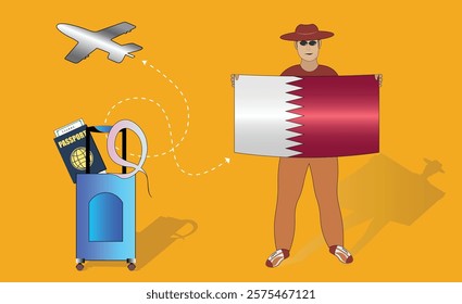 Illustration of a traveler holding the Qatari flag with luggage and a passport, symbolizing adventure and patriotism, with an airplane flying overhead. Vector EPS Available for Qatar tour