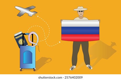 Illustration of a traveler holding the Russian flag with luggage and a passport, symbolizing adventure and patriotism, with an airplane flying overhead. Vector EPS Available for Russia tour