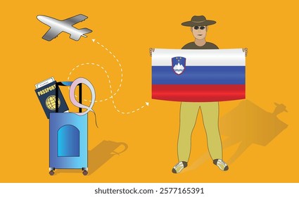 Illustration of a traveler holding the Slovenian flag with luggage and a passport, symbolizing adventure and patriotism, with an airplane flying overhead. Vector EPS Available for Slovenia tour