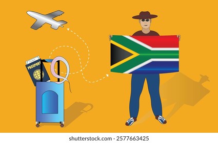 Illustration of a traveler holding the South African flag with luggage and a passport, symbolizing adventure and patriotism, with an airplane flying overhead. Vector EPS Available for Africa tour