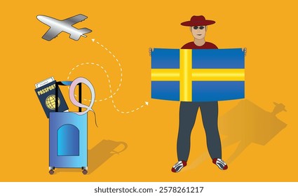 Illustration of a traveler holding the Sweden flag with luggage and a passport, symbolizing adventure and patriotism, with an airplane flying overhead. Vector EPS Available for Sverige tour