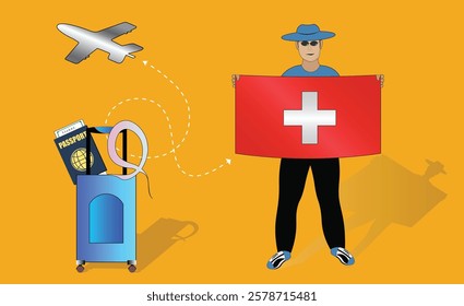 Illustration of a traveler holding the Switzerland flag with luggage and a passport, symbolizing adventure and patriotism, with an airplane flying overhead. Vector EPS Available for Swiss tour