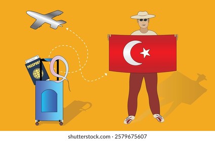 Illustration of a traveler holding the Turkish flag with luggage and a passport, symbolizing adventure and patriotism, with an airplane flying overhead. Vector EPS Available for Türkiye tour