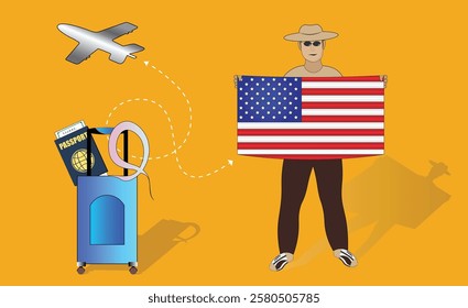 Illustration of a traveler holding the USA flag with luggage and a passport, symbolizing adventure and patriotism, with an airplane flying overhead. Vector EPS Available for United State tour