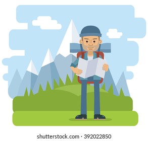 Illustration of a traveler reading a map. Tourist, hiker isolated on mountain landscape. Flat style vector illustration