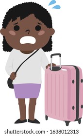 Illustration of a traveler in trouble. A foreign woman walking with a big suitcase.