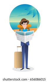 Illustration of traveling businessman using map. A character dreaming of traveling. A tourist in a business suit is waiting for the flight.