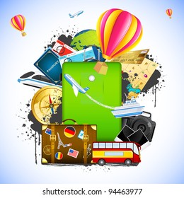 illustration of traveling element like bus,train,hot air balloon and ticket around baggage