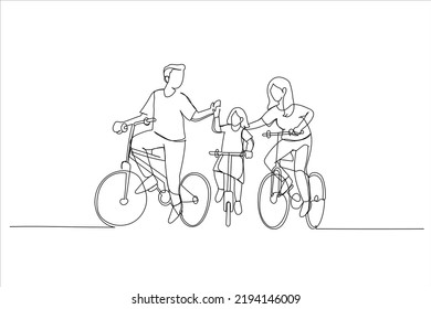 Illustration of traveling with family holiday together. Ecotourism by bicycle. One line art style
