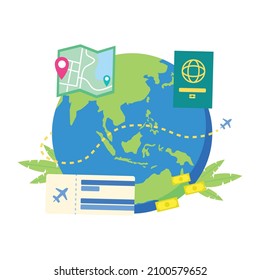 Illustration of traveling with a map, a passport, a flight ticket, and an earth globe.
