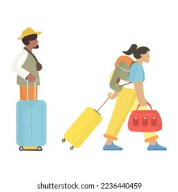 illustration of traveling people with accessories, cameras and suitcases