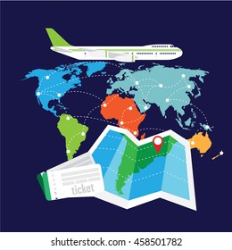 illustration of traveling, suitcase, map, tickets