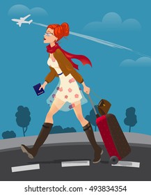 Illustration of traveling woman holding passport