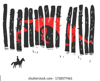 an illustration of a traveller on horsback facing an angry red wolf at the entrance to a dark forest. Metaphor of emotions and a search