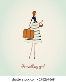 Illustration of a travelling girl and place for your text. Template for design and decoration