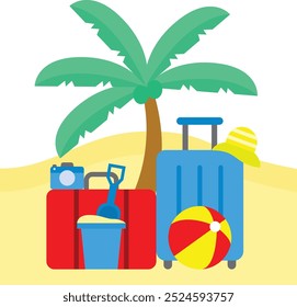 An Illustration of Travelling Which Has Images of Luggages, Coconut Tree, Sand Bucket, Camera, Etc.