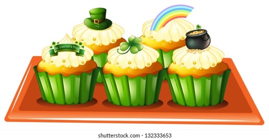 Illustration of a tray with five cupcakes on a white background