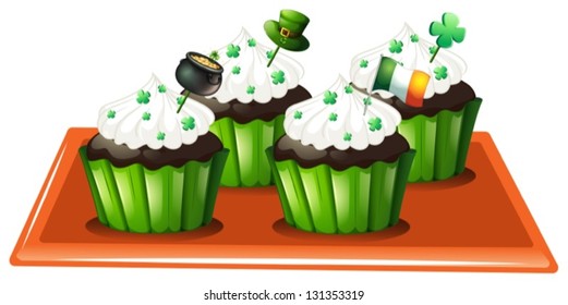 Illustration of a tray with four chocolate cupcakes on a white background