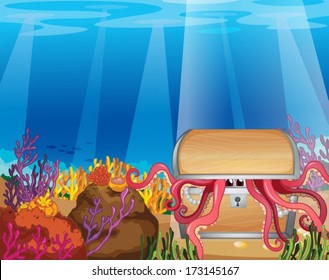 Illustration of a treasure box with an octopus