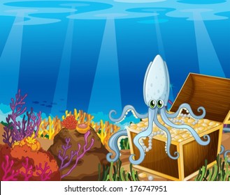 Illustration of a treasure box under the sea with an octopus