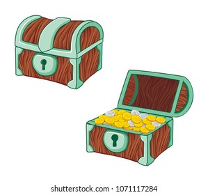 illustration of treasure chest, closed and opened