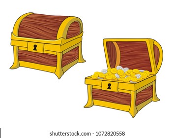 illustration of treasure chest, closed and opened