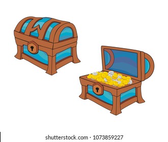 illustration of treasure chest, closed and opened with coins