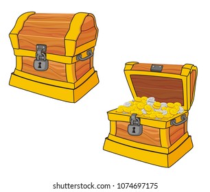 illustration of treasure chest, closed and opened