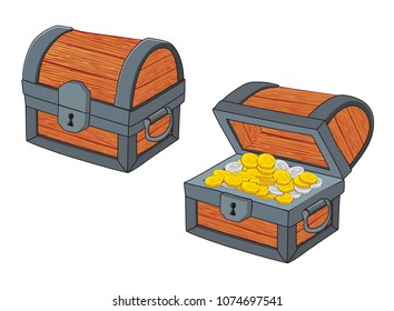 illustration of treasure chest, closed and opened
