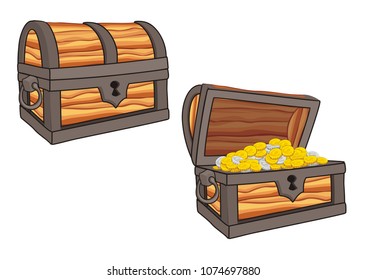 illustration of treasure chest, closed and opened