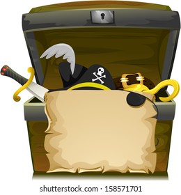 Illustration of Treasure Chest with an Empty Scroll, a Scimitar, a Pirate Hat, a Buckle, and a Hook Inside