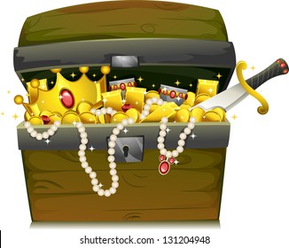 Illustration of a Treasure Chest Filled with Gold and Jewelry