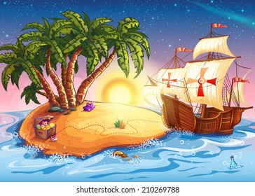 Illustration of Treasure Island with the ship caravel