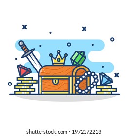 Illustration of treasure, jewelry and sword, vector isolated on white background. Treasure vector created in flat and cartoon style.