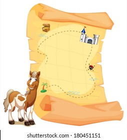 Illustration of a treasure map beside a smiling horse on a white background