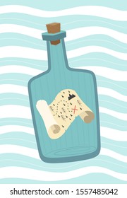 Illustration with the treasure map in a bottle on a wavy background. Vector illustration in a Scandinavian style.