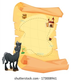 Illustration of a treasure map and a gray horse on a white background
