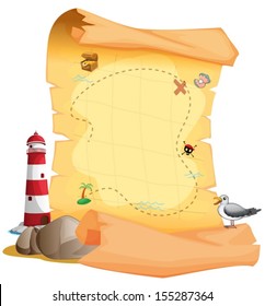Illustration of a treasure map near the lighthouse on a white background