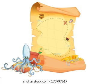 Illustration of a treasure map and an octopus above the treasure box on a white background