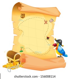 Illustration of a treasure map with a parrot on a white background