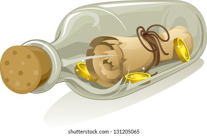 Illustration of a Treasure Map Sealed Inside a Glass Bottle