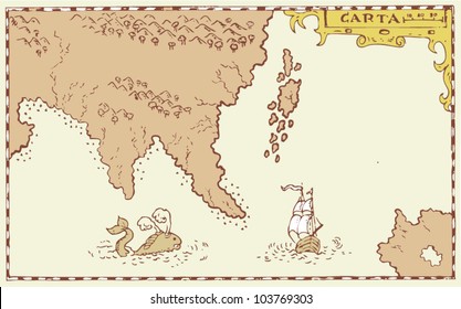 Illustration of a treasure map showing continent and islands ship galleon and whale done in vintage style.