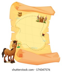 Illustration of a treasure map and a smiling brown horse on a white background