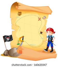 Ilustración de un mapa del tesoro con un joven pirata sobre un fondo blanco