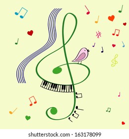 Illustration with treble clef, singing bird and notes