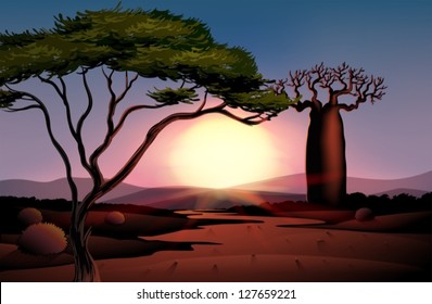 Ilustración de un árbol y un hermoso paisaje