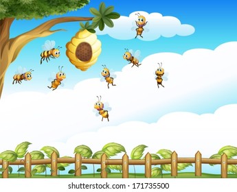 Illustration of a tree with a beehive and a group of bees