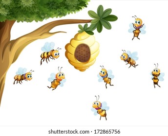 Illustration of a tree with a beehive surrounded by bees on a white background